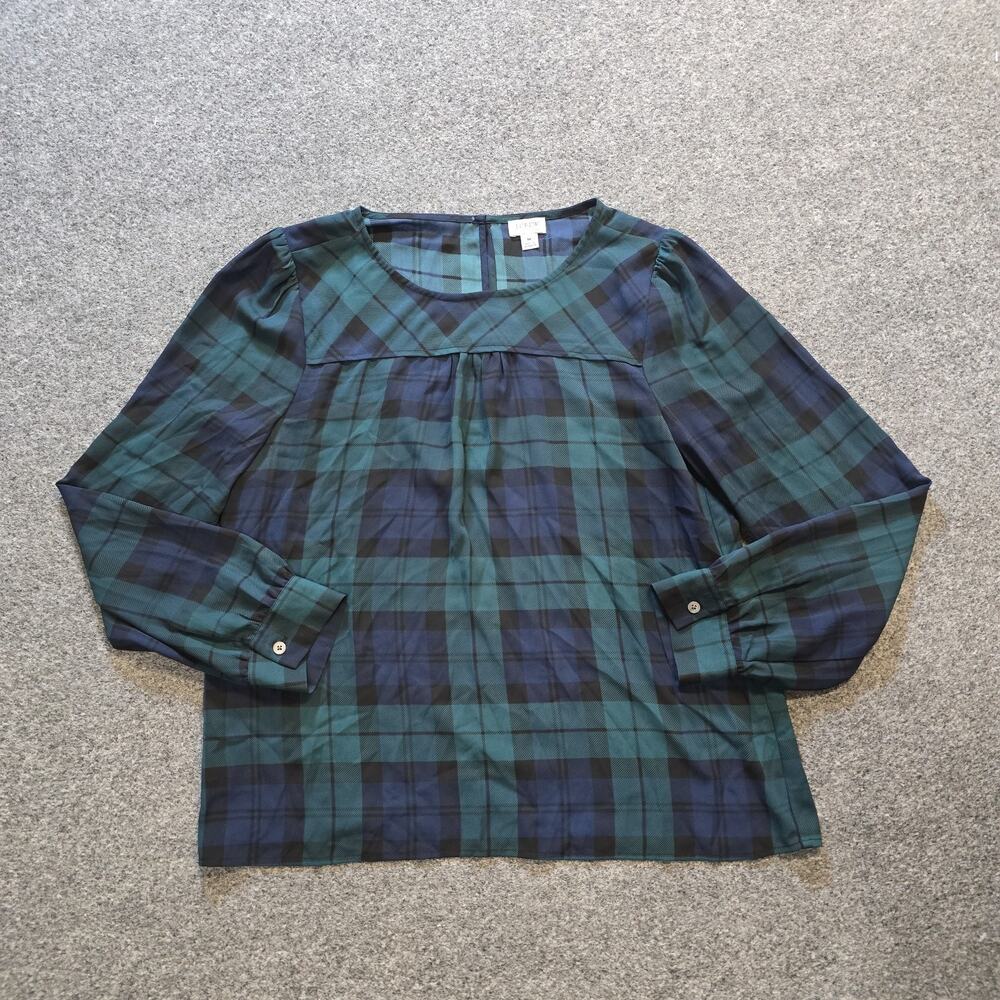 J Crew Top Womens Size Medium Green Blue Tartan Plaid Sheer Long Sleeve Holiday